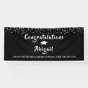 Graduation Silver Confetti Brush Script Black Banner