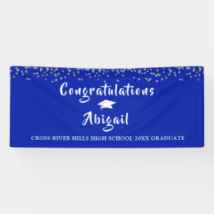 Graduation Silver Confetti Brush Script Royal Blue Banner