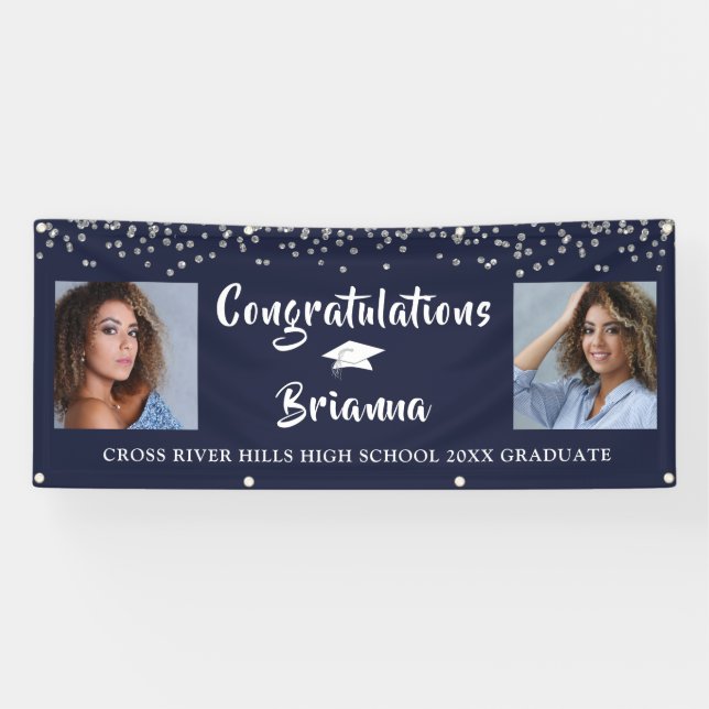 Graduation Silver Confetti Script Photo Navy Blue Banner (Horizontal)