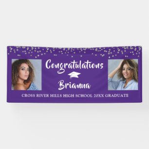 Graduation Silver Confetti Script Photo Purple Banner