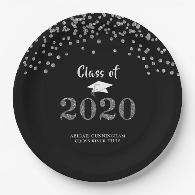 Graduation Silver Glitter CLASS OF 2020 Confetti Paper Plate (Front)