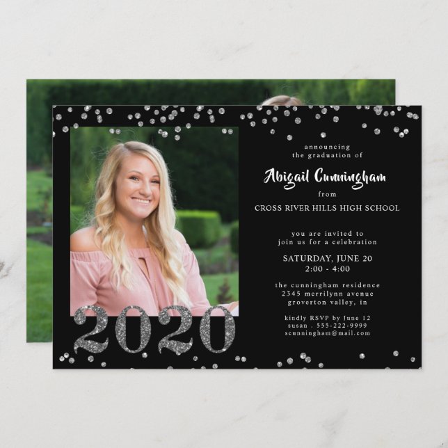 Graduation Silver Glitter Confetti Black Invitation (Front/Back)