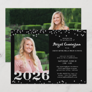 Graduation Silver Glitter Confetti Black Invitation