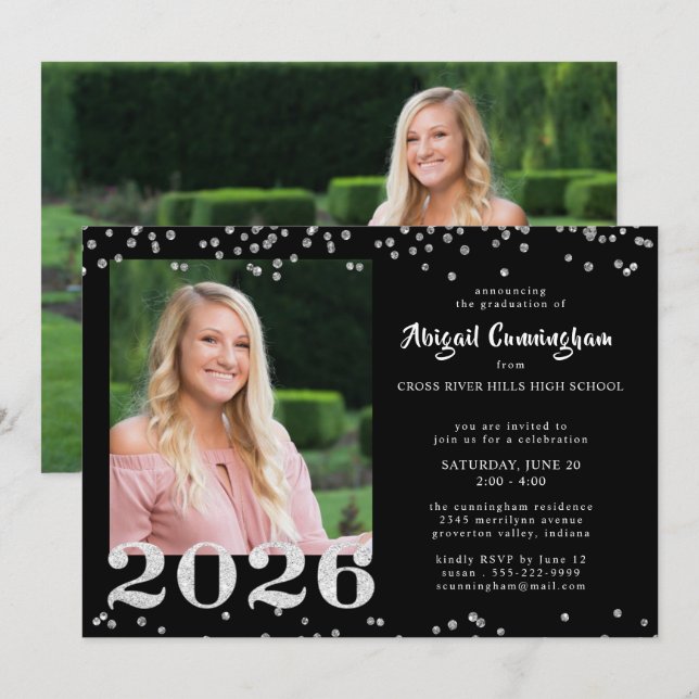 Graduation Silver Glitter Confetti Black Invitation (Front/Back)