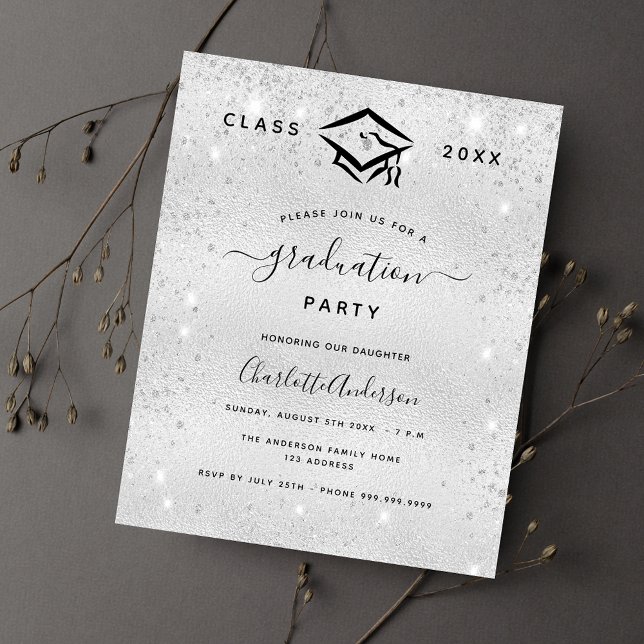 Graduation silver glitter modern budget invitation flyer (Creator Uploaded)