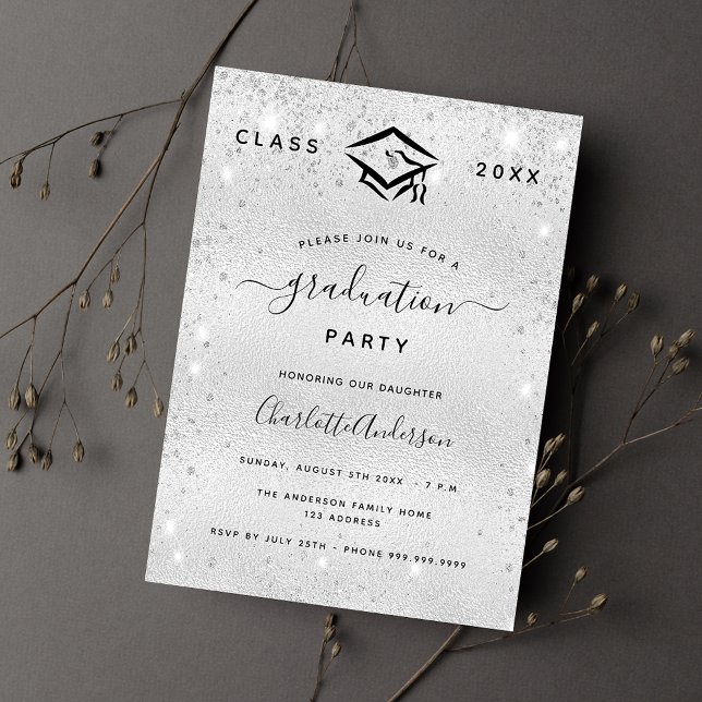 Graduation silver glitter modern elegant 2024 invitation (Creator Uploaded)