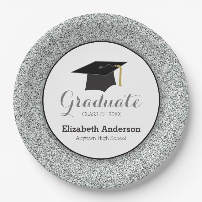 Graduation Silver Glitter Mortarboard Paper Plate (Front)