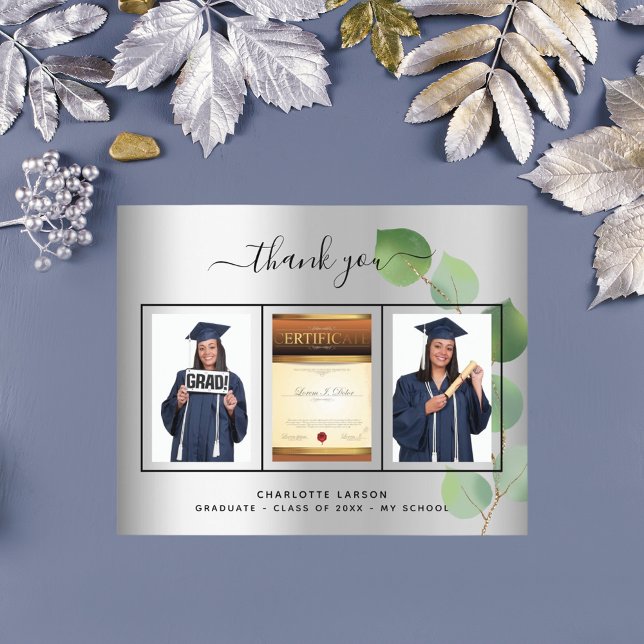 Graduation silver graduate photo thank you card (Creator Uploaded)