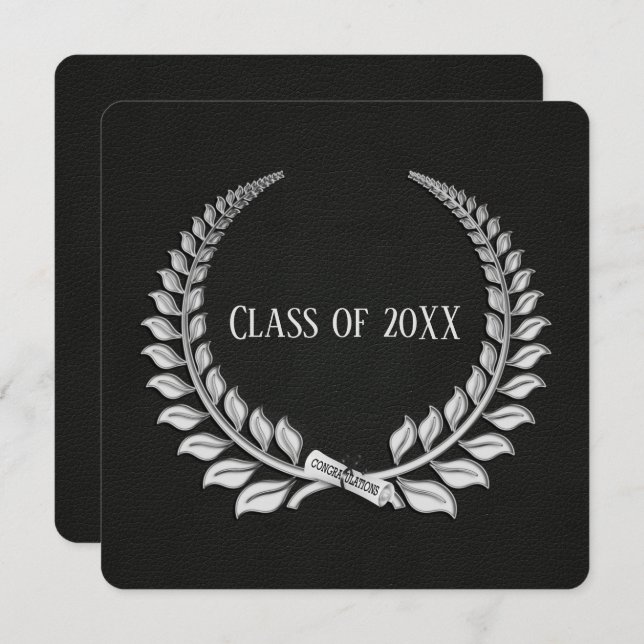 Graduation Silver Laurel on Black Leather Invitation (Front/Back)