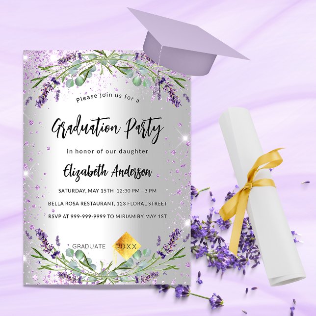 Graduation silver lavender eucalyptus luxury invitation (Creator Uploaded)
