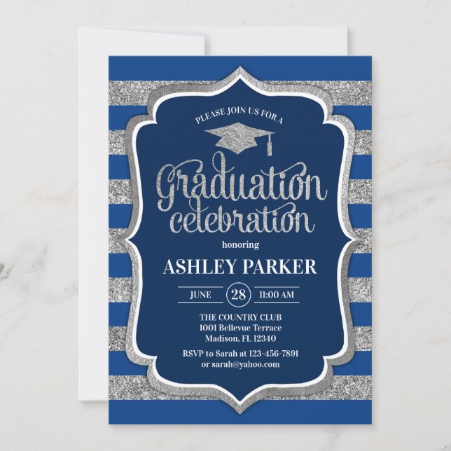 Graduation - Silver Navy Blue Stripes Invitation (Front)