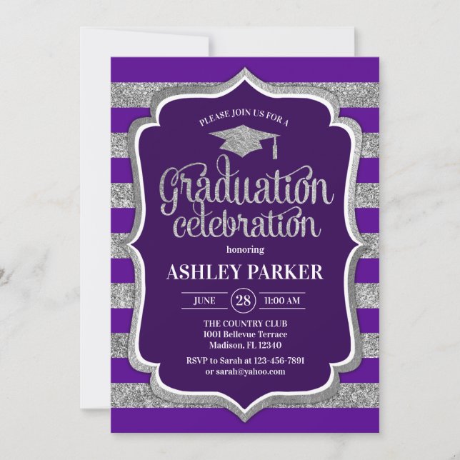 Graduation - Silver Purple Stripes Invitation (Front)