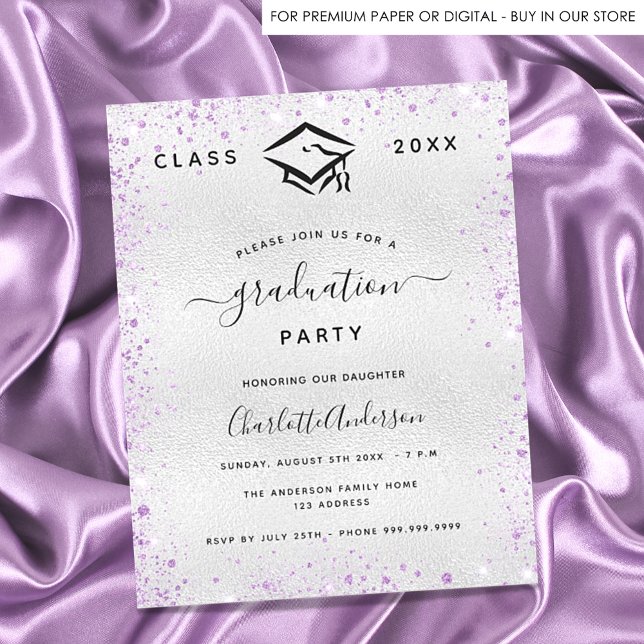 Graduation silver violet glitter budget invitation flyer (Creator Uploaded)