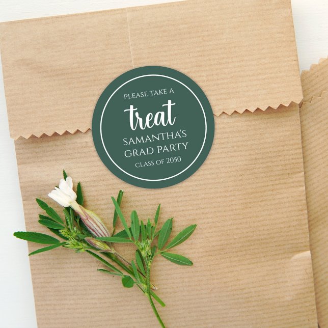 Graduation Simple Minimalist Dark Green Treat Classic Round Sticker (Creator Uploaded)