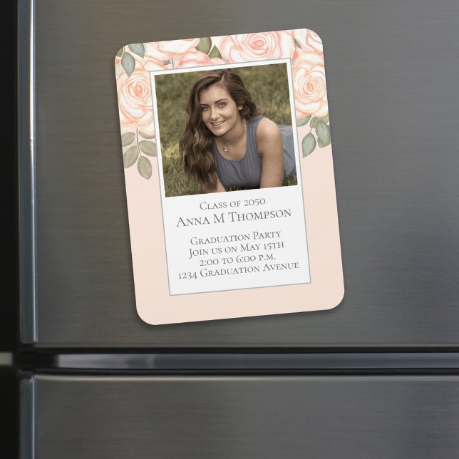 Graduation Simple Photo Floral Rose Peach Coral Magnet (Creator Uploaded)