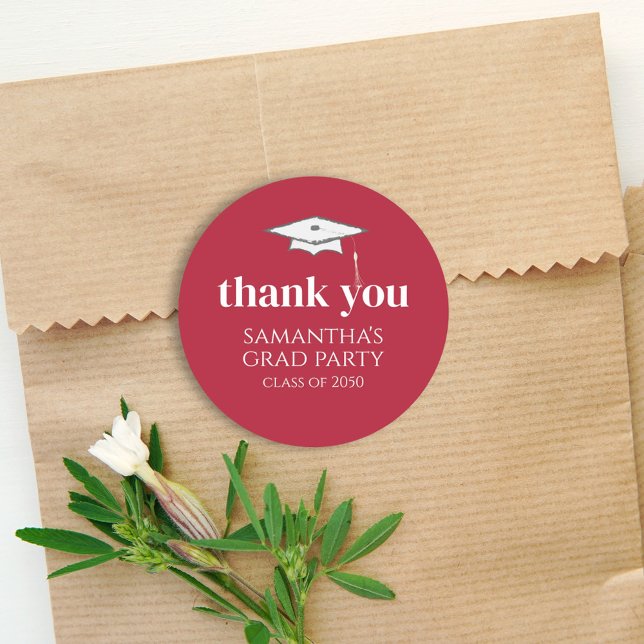 Graduation Simple Thank You Minimalist Favour Red Classic Round Sticker (Creator Uploaded)