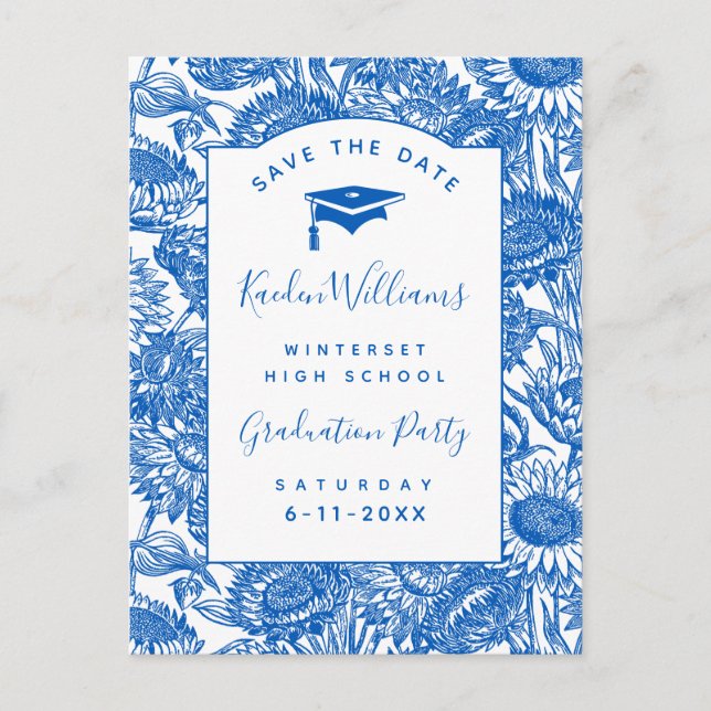 Graduation Sunflowers Blue Save the Date Postcard (Front)