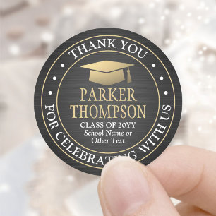 Graduation Thank You Brushed Black Gold and White Classic Round Sticker