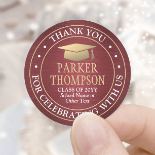 Graduation Thank You Brushed Burgundy Red and Gold Classic Round Sticker