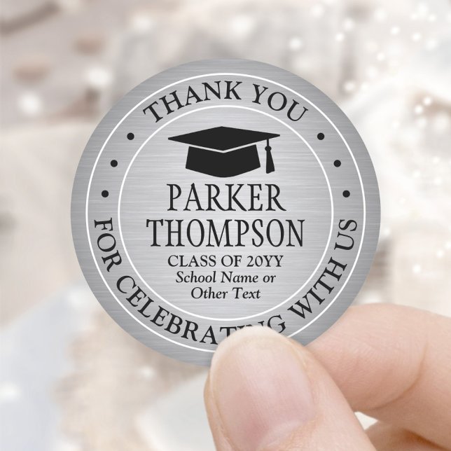 Graduation Thank You Brushed Faux Metallic Silver Classic Round Sticker (Creator Uploaded)