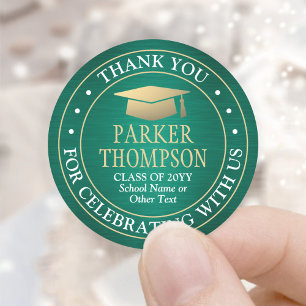 Graduation Thank You Brushed Green Gold and White Classic Round Sticker