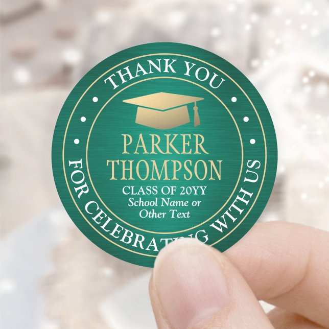 Graduation Thank You Brushed Green Gold and White Classic Round Sticker (Creator Uploaded)