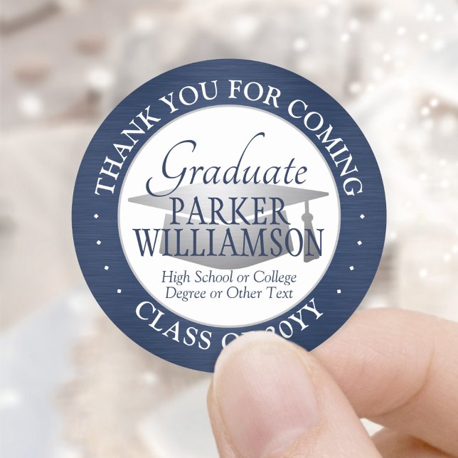 Graduation Thank You Brushed Navy Blue and White Classic Round Sticker (Creator Uploaded)