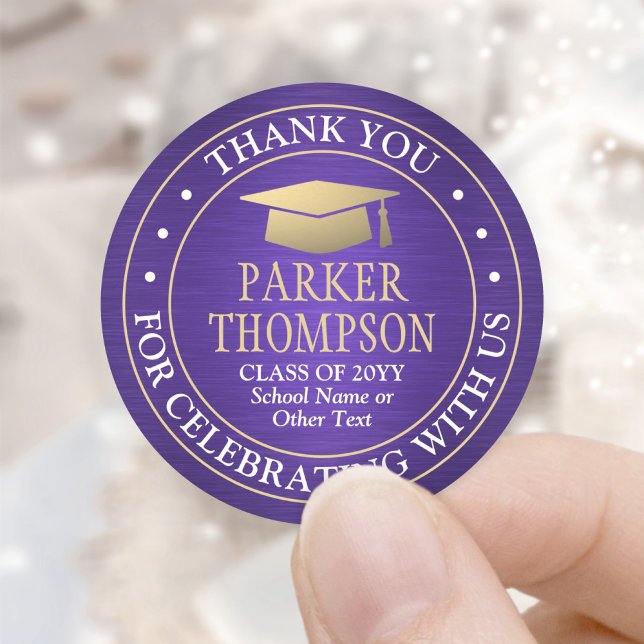 Graduation Thank You Brushed Purple Gold and White Classic Round Sticker (Creator Uploaded)