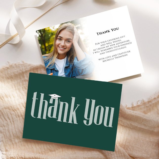 Graduation Thank You Card Photo Template (Graduation photo dark green and white modern typography style. )