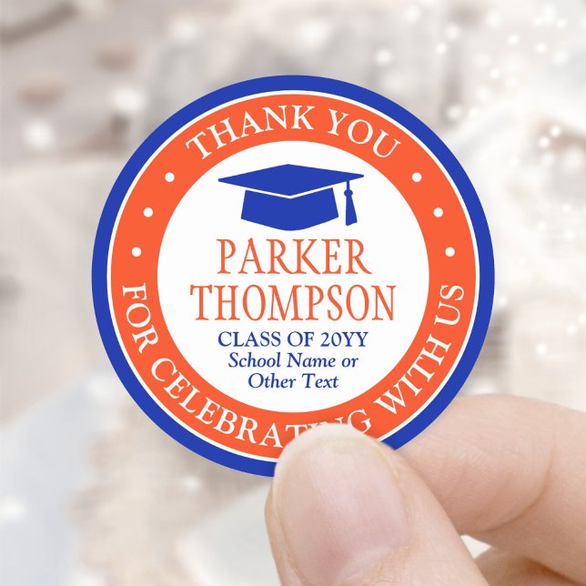Graduation Thank You Elegant Modern Orange & Blue Classic Round Sticker (Creator Uploaded)