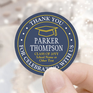 Graduation Thank You Elegant Navy Blue Gold Yellow Classic Round Sticker