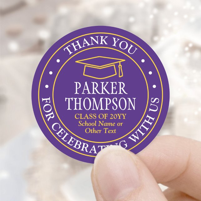 Graduation Thank You Elegant Purple Gold Yellow Classic Round Sticker (Creator Uploaded)