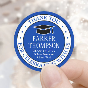 Graduation Thank You Elegant Royal Blue and White Classic Round Sticker