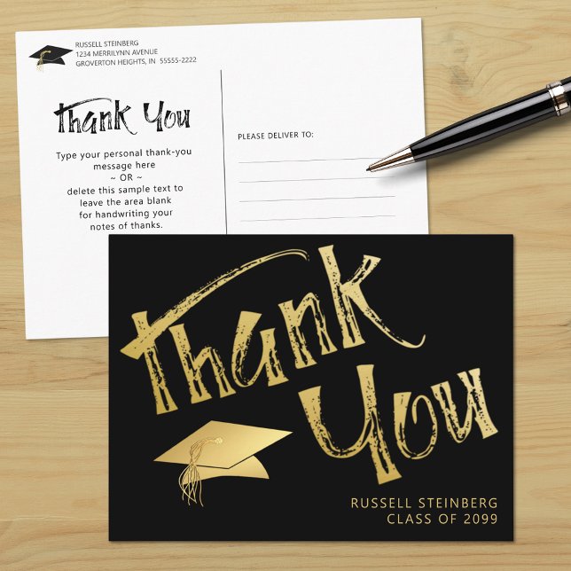 Graduation Thank You Faux Gold Brushstroke Cap Postcard (Creator Uploaded)