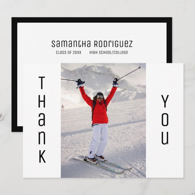 Graduation Thank You Modern Black White Grad Photo Announcement (Front/Back)