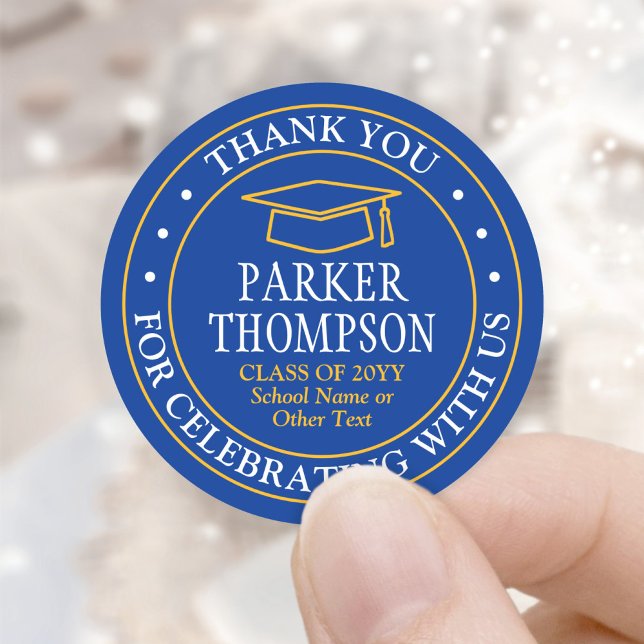 Graduation Thank You Modern Royal Blue Gold Yellow Classic Round Sticker (Creator Uploaded)