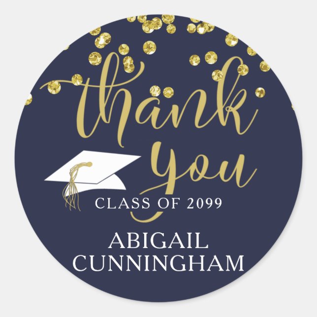 Graduation THANK YOU Navy Blue Script Confetti  Classic Round Sticker (Front)