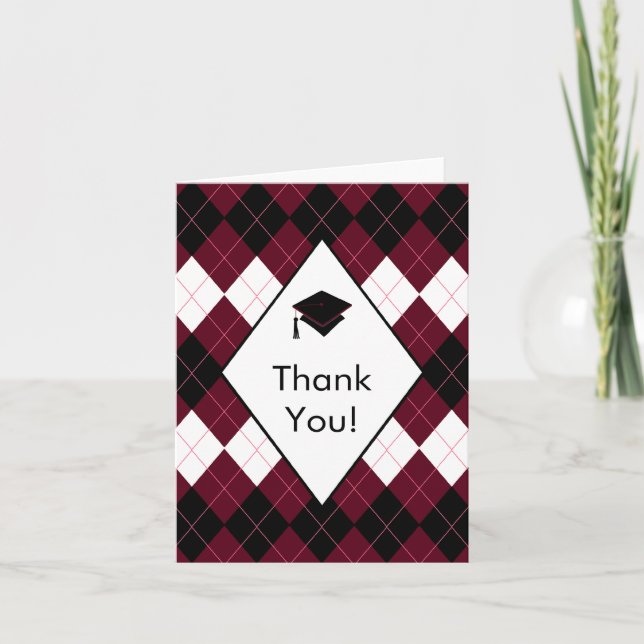 Graduation Thank You Note Card Black & Red Argyle (Front)
