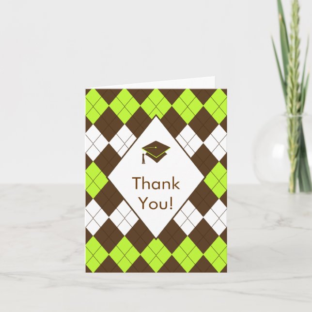 Graduation Thank You Note Card Brown Green Argyle (Front)