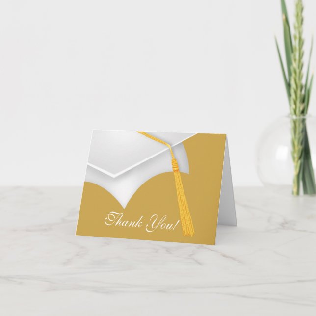 Graduation Thank You Note Card White Gold Grad Cap (Front)