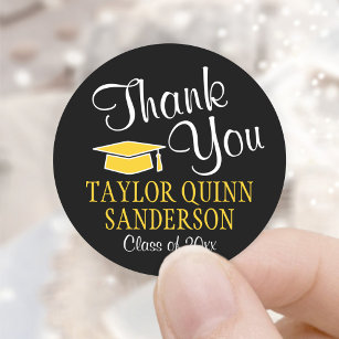 Graduation Thank You Script Black and Gold Yellow Classic Round Sticker