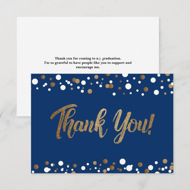 Graduation thank you script Blue Gold Confetti  Card (Front/Back)