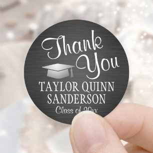 Graduation Thank You Script Brushed Black & White Classic Round Sticker