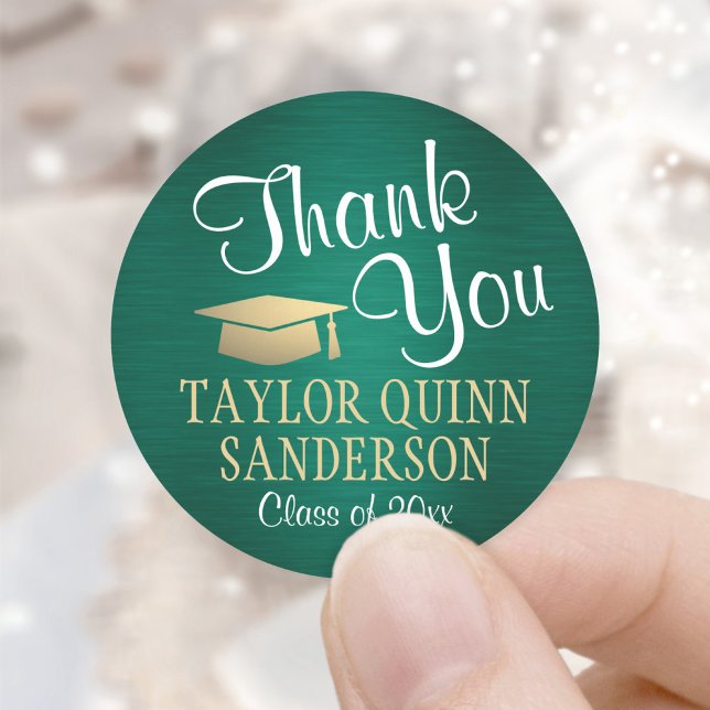 Graduation Thank You Script Brushed Green and Gold Classic Round Sticker (Creator Uploaded)