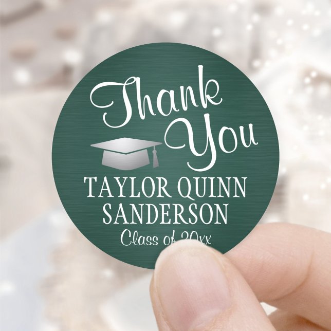 Graduation Thank You Script Brushed Green & White Classic Round Sticker (Creator Uploaded)