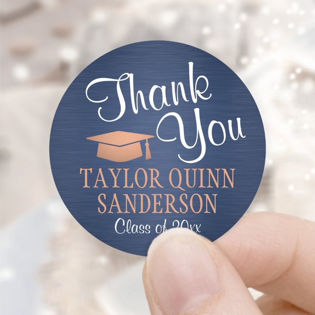 Graduation Thank You Script Brushed Navy & Copper Classic Round Sticker (Creator Uploaded)