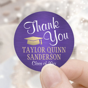 Graduation Thank You Script Brushed Purple & Gold Classic Round Sticker