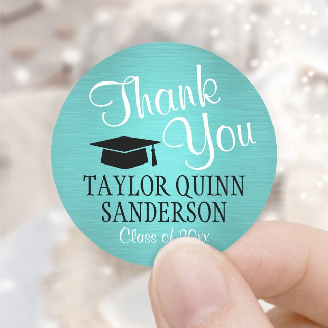 Graduation Thank You Script Chic Brushed Teal Blue Classic Round Sticker (Creator Uploaded)