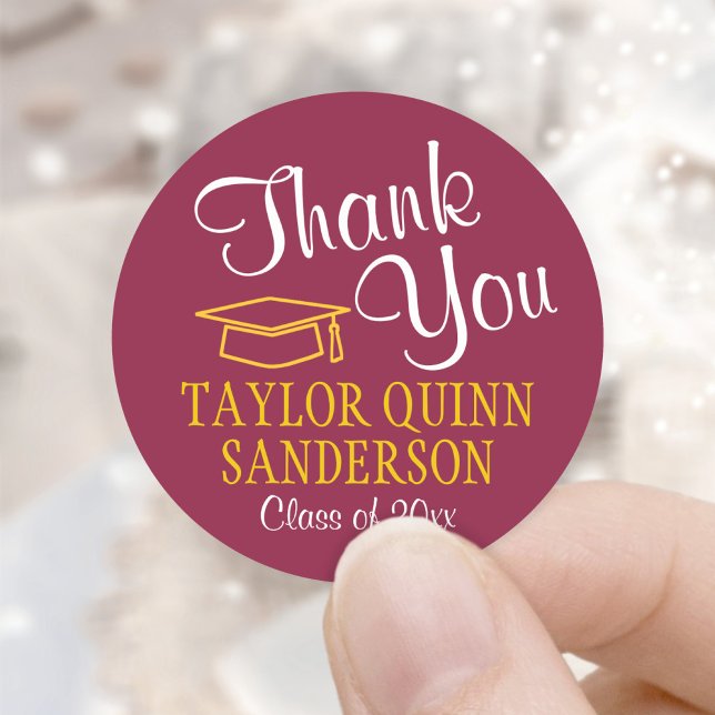 Graduation Thank You Script Maroon Red Gold Yellow Classic Round Sticker (Creator Uploaded)
