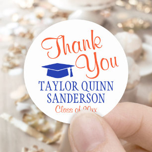 Graduation Thank You Script Modern Orange and Blue Classic Round Sticker